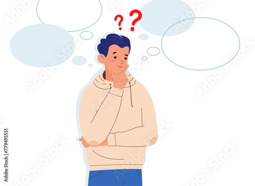 Young man thinks. Man with question marks and with blank speech bubbles. Concept of thinking, considered gesture	