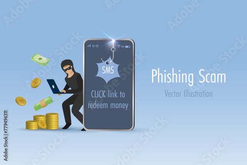 SMS phishing scam, cyber attack and digital crime. Hacker online send SMS fraud link to steal money from mobile user. Vector.