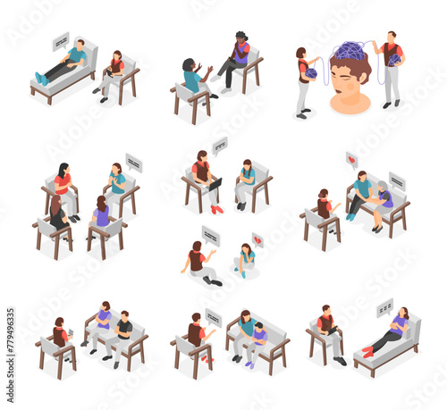 Isometric psychotherapy characters. People sitting in chair, lying on the couch and talking with professional psychologist or psychotherapist, flawless vector set