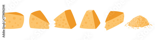 Cut cheese slices in different rotations. Grated cheese, straws, triangle slice. Tasty dairy ingredient italian, greek, french cuisine. Decent vector set © MicroOne