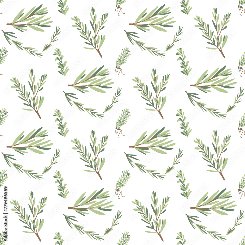 Rosemary seamless pattern. Rosemary plant green leaves repeat background. Botanic endless cover. Vector hand drawn illustration.