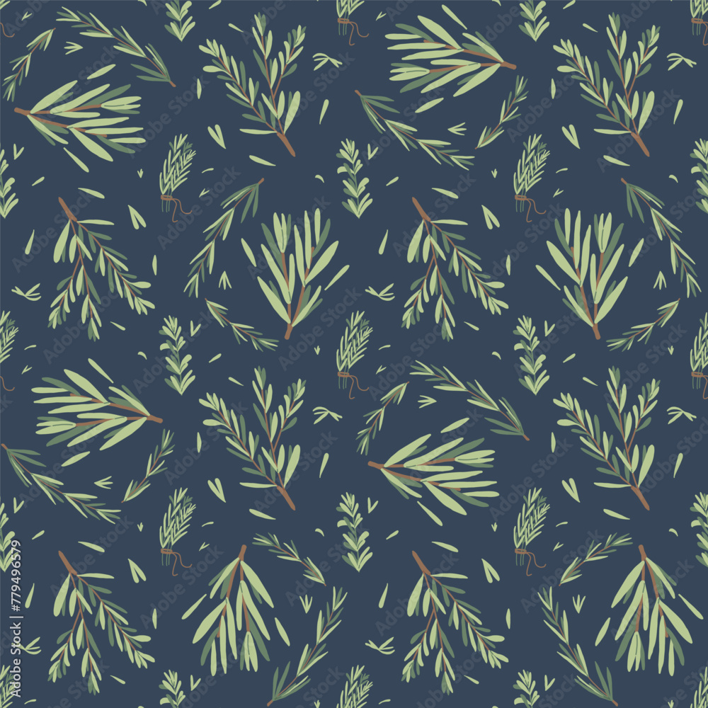 Naklejka premium Rosemary herbs branch seamless pattern. Rosemary plant green leaves repeat background. Botanic dark endless cover. Vector simple hand drawn illustration.
