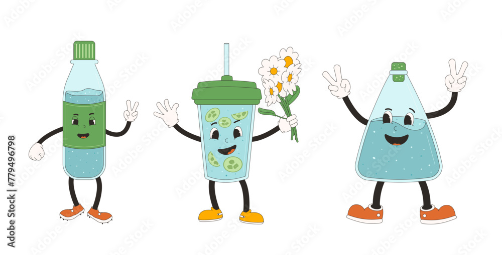 Obraz premium Retro cartoon characters of bottle and glass of water. Drink rubber hose animation style groovy mascots. Drink more water cards. Ecologic and wellness vector flat illustration isolated