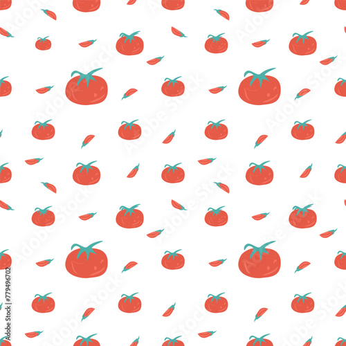 Tomato seamless pattern. Whole vegetable and slice backdrop. Tomatoes repeat background. Simple loop ornament. Vector illustration.