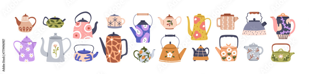 Cute teapots collection. Cozy tea pots, kettles, kitchenware, crockery designs with floral prints, patterns. Teakettles in modern vintage style. Flat vector illustration isolated on white background - obrazy, fototapety, plakaty 