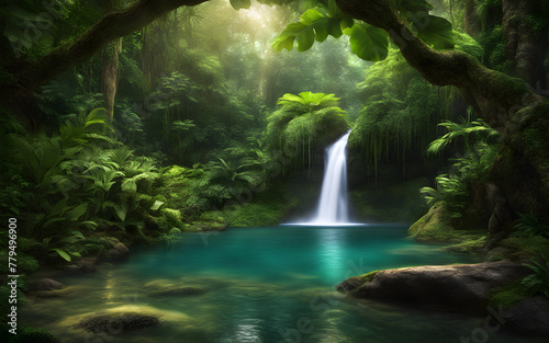 Rainforest waterfall oasis  vibrant green foliage  crystal-clear water cascading  tranquil and untouched