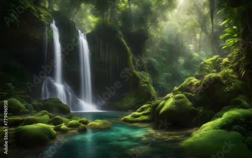 Rainforest waterfall oasis  vibrant green foliage  crystal-clear water cascading  tranquil and untouched