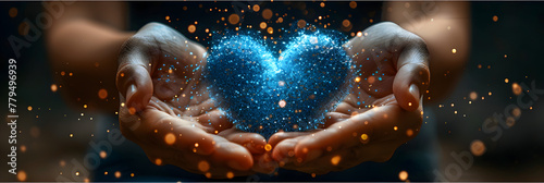 Blue Heart Shape Network in Hands - Health Data, Hands holding a heart with a candle in the middle