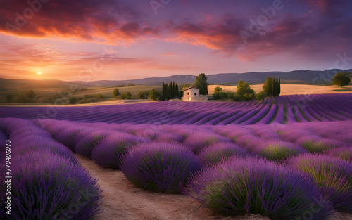 Rolling lavender fields at dusk, soft purple hues, peaceful, Provençal countryside charm