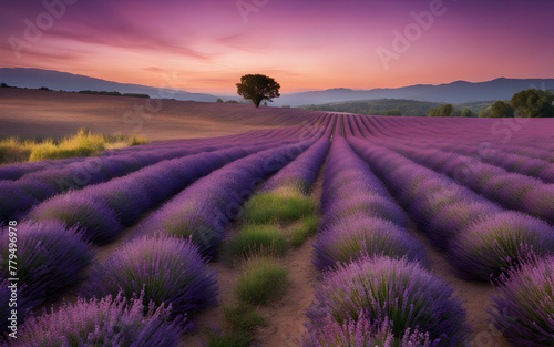 Rolling lavender fields at dusk  soft purple hues  peaceful  Provenc  al countryside charm