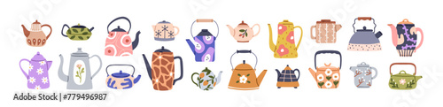 Cute teapots collection. Cozy tea pots, kettles, kitchenware, crockery designs with floral prints, patterns. Teakettles in modern vintage style. Flat vector illustration isolated on white background