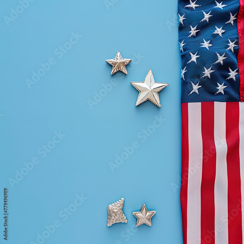 Independence Day (July 4th, in the us) Two USA flags on a blue background, copy space concept for National provender day 