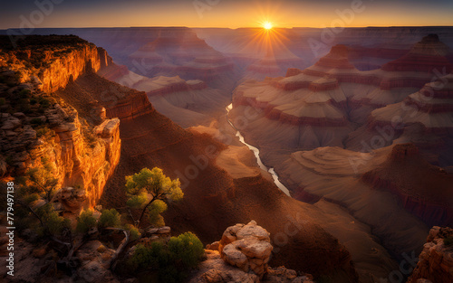 Sunrise over Grand Canyon, golden light illuminating vast gorges, majestic and serene