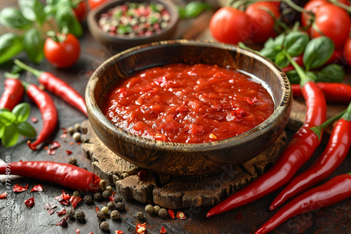 Delicious homemade red sauce made with fresh organic vegetables and tangy seasonings. photo