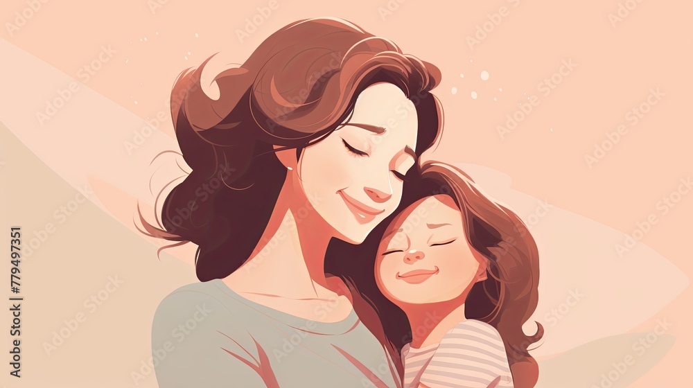 Portrait of a mother and child sharing a laugh, cute, simple 2d style pastel colors Portrait of a mother and child sharing a laugh, cute, simple 2d style pastel colors