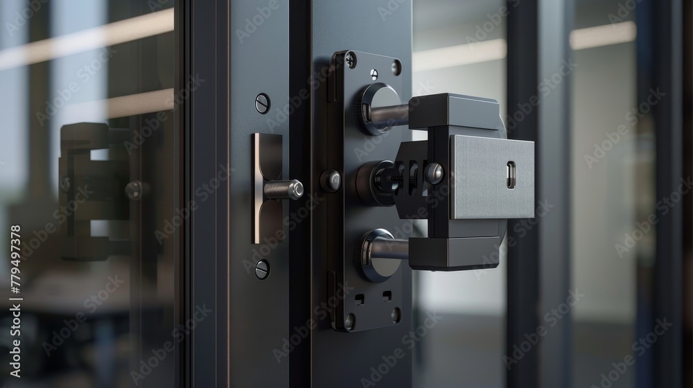 Detailed view of an inspired and innovative door latch system, including cylinder locks that merge security with modern design Detailed view of an inspired and innovative door latch system, including cylinder locks that merge security with modern design