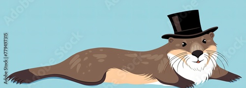 A charming illustration of an otter wearing a top hat, lying gracefully against a light blue background photo