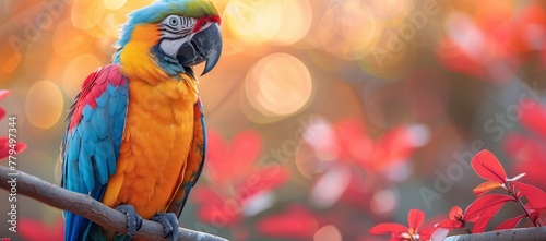 A beautiful Macaw parrot with vibrant feathers is perched happily on a tree branch. Its colorful beak and wings capture the essence of a joyful event. A perfect subject for macro photography photo