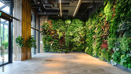 Modern office lobby with lush vertical garden and natural lighting.