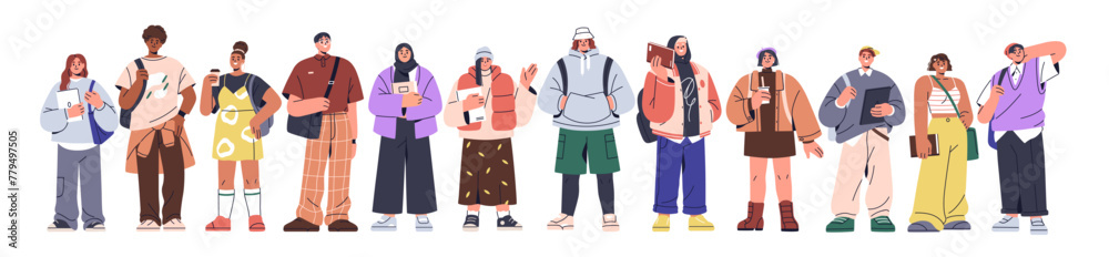 Diverse university students group standing together in line. Young men, women, college learners set in row. Happy youth with books and backpacks. Flat vector illustration isolated on white background - obrazy, fototapety, plakaty 