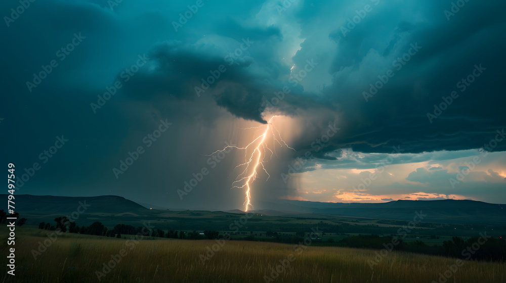 Dramatic Thunderstorm and Lightning Strike in Dusk Landscape