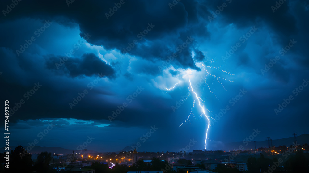 Intense Lightning Strike over Nighttime Cityscape