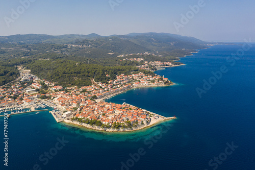 Korcula, Croatia: Aerial drone view of the famous Korcula old town and island, a popular beach vacations destination in the Balkans