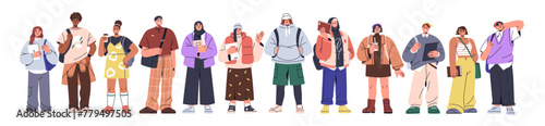 Diverse university students group standing together in line. Young men, women, college learners set in row. Happy youth with books and backpacks. Flat vector illustration isolated on white background