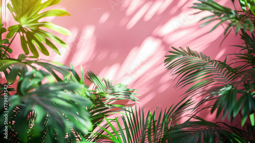 A vibrant pink wall with lush green palm leaves in the foreground,