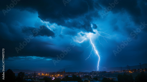 Intense Lightning Strike over Nighttime Cityscape