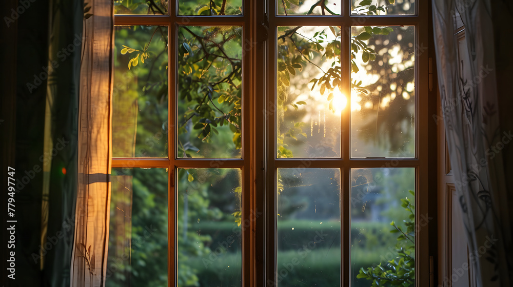 Sunset View Through a Cozy Window with Curtains Sunset View Through a Cozy Window with Curtains