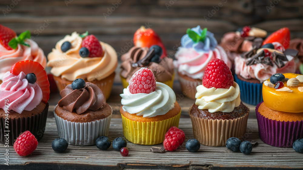 An assortment of cupcakes, each decorated with various berries and cream fillings, arranged on a rustic wooden table.