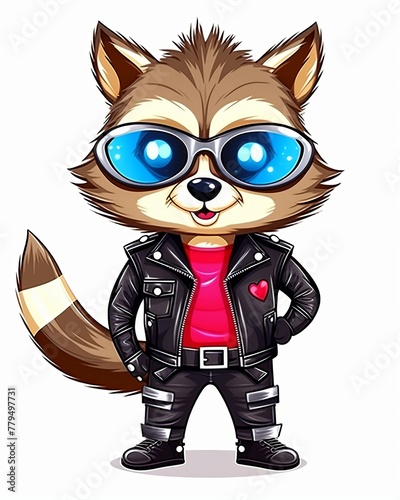 Rockstar raccoon in a leather jacket, cartoon minimal cute flat design © tohceenilas