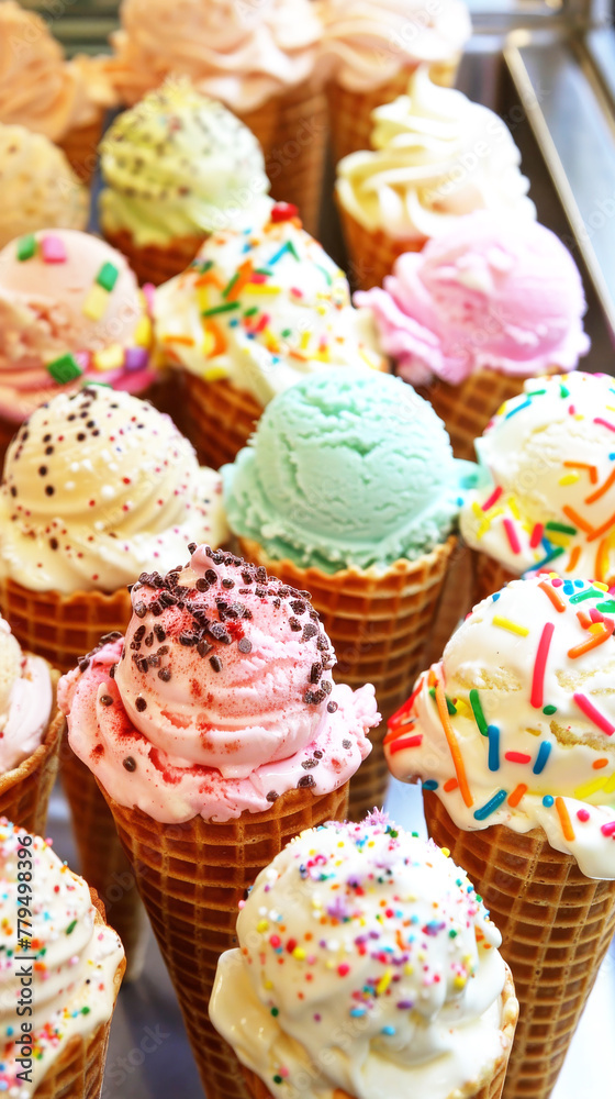 Variety of ice cream scoops in cones with chocolate, vanilla and strawberry Variety of ice cream scoops in cones with chocolate, vanilla and strawberry