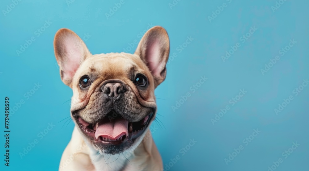 Happy smiling cute French bulldog on blue background with copy space, close up portrait of dog in studio. Banner for pet shop or animal care concept