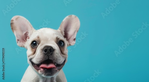 Happy smiling cute French bulldog on blue background with copy space, close up portrait of dog in studio. Banner for pet shop or animal care concept © Sabina Gahramanova