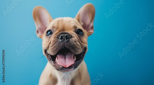 Happy smiling cute French bulldog on blue background with copy space, close up portrait of dog in studio. Banner for pet shop or animal care concept © Sabina Gahramanova