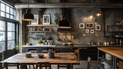 Draw an industrial-style kitchen with iron pendant lights and black and white photos hanging on the walls. photo