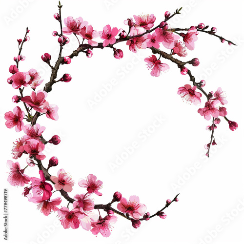 Flowers  buds and petals of sakura. Watercolor style spring round border frame with branches blossoming cherry. Generative ai.
