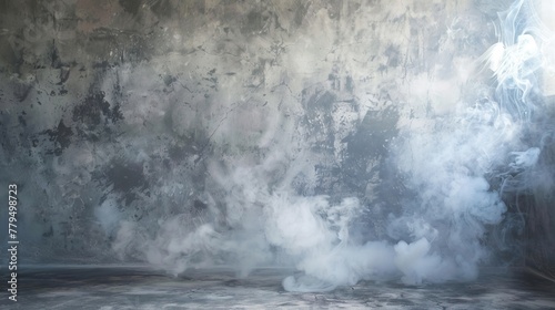 A room interior with a concrete wall backdrop, smoke adding texture and depth, perfect for displaying products in a creative studio environment photo