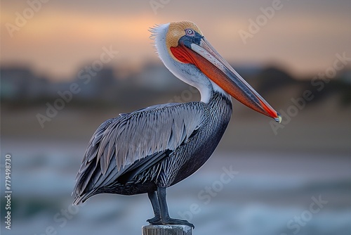 A close up of a pelican perched on a post with a blurred background. 