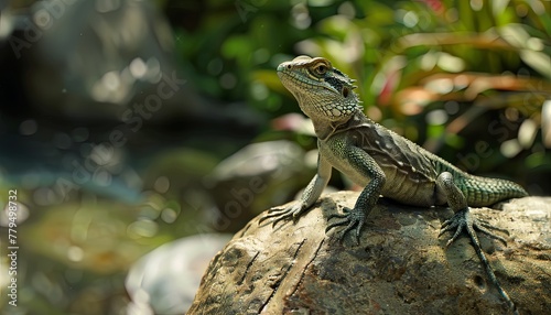 The hotel's pet lizard sunbathes on a rock, its sleek scales glistening in the sunlight, realistic ,  cinematic style. photo