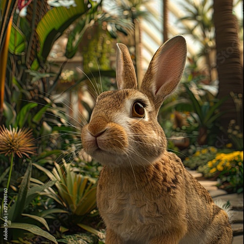 The hotel's pet rabbit hops merrily through the garden, enchanting visitors with its adorable antics, realistic ,  cinematic style. © SalineeChot