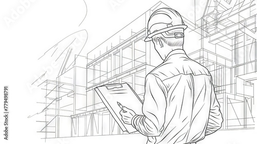 Horizontal AI illustration line drawing of an engineer reviewing plans. Architecture and buildings.