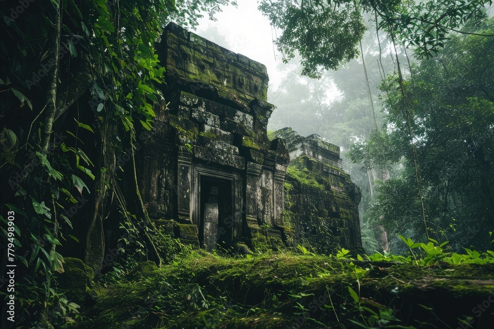 Ancient ruins, Mysterious ancient ruins in a dense jungle, Ai generated