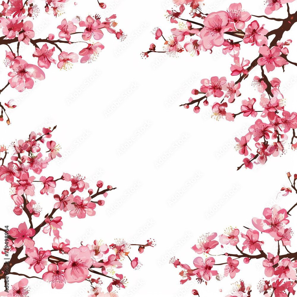 Fototapeta premium Flowers, buds and petals of sakura. Watercolor style spring square border frame with branches blossoming cherry. Generative ai.