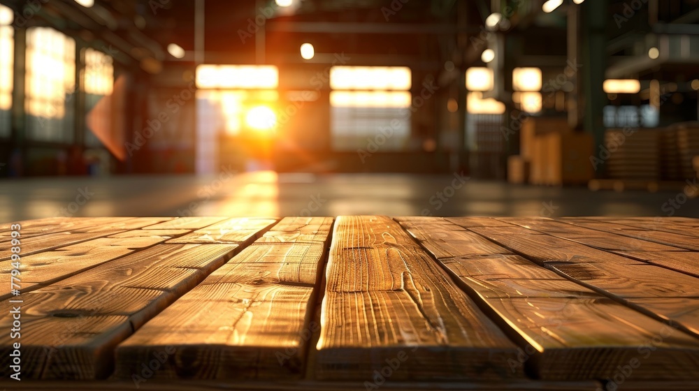 Empty wooden table set against a blurred warehouse backdrop, highlighted by the rich, golden hues of sunset light for a captivating product display