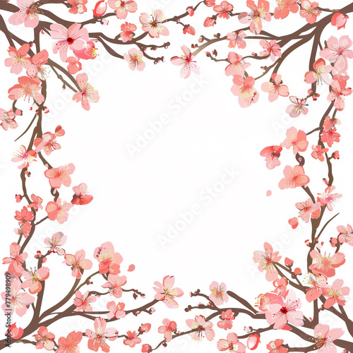 Flowers  buds and petals of sakura. Watercolor style spring square border frame with branches blossoming cherry. Generative ai.