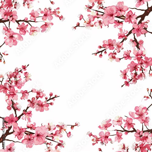 Flowers  buds and petals of sakura. Watercolor style spring square border frame with branches blossoming cherry. Generative ai.