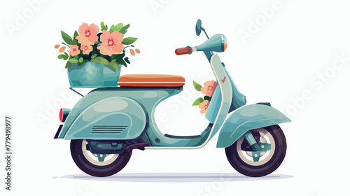 Vector retro scooter with a trunk with a flower 